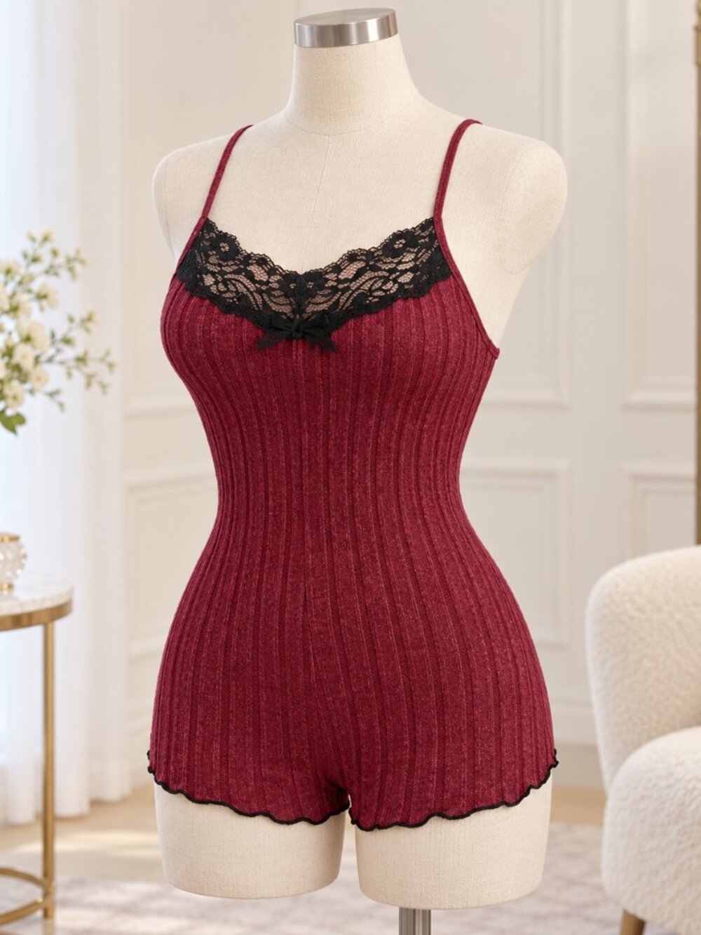 Crimson Ribbed Lace Butterfly Back Lounge Romper Sleepwear NWT Size Small